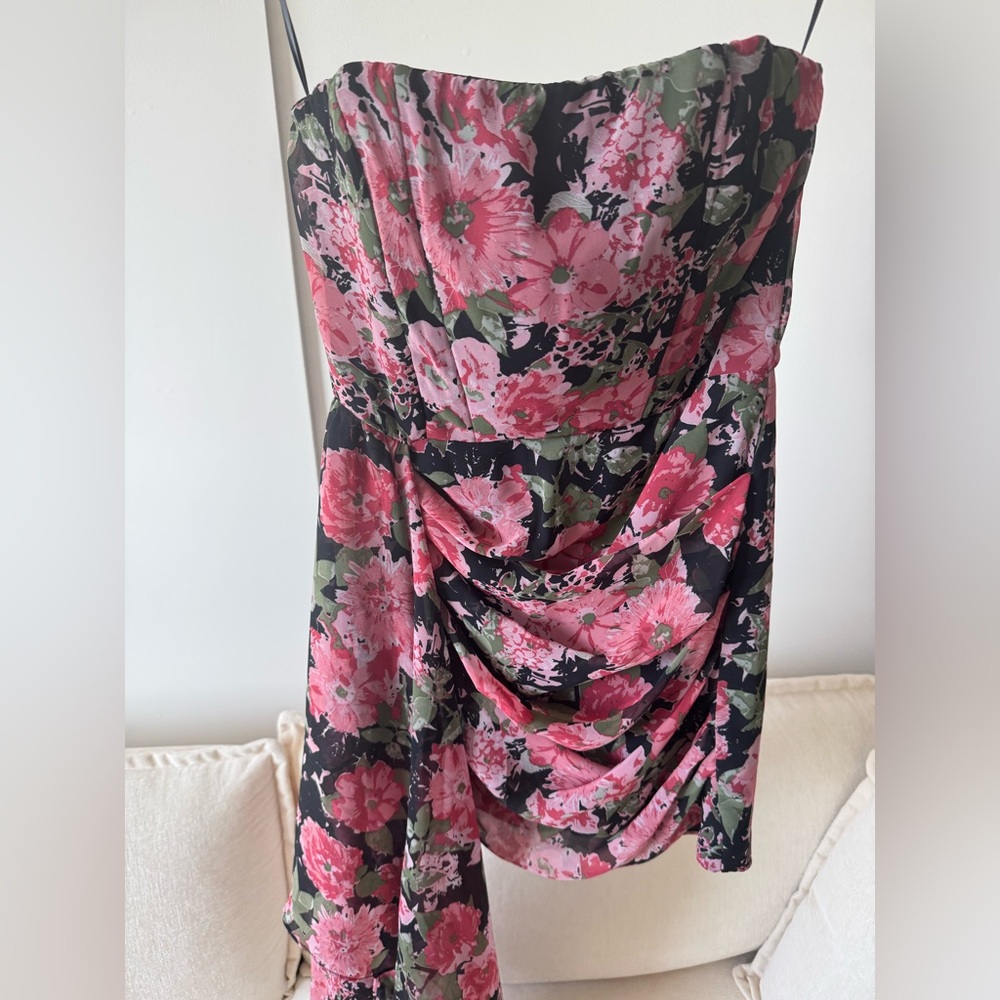 Strapless Pink Floral Draped Cocktail Dress